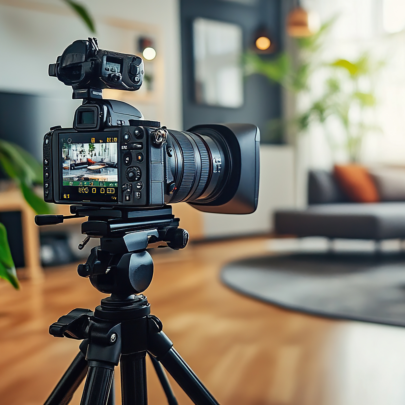 Afbeelding van een professionele fotocamera in een living